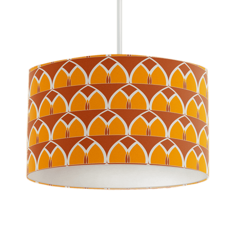 Orange and yellow geometric arches design cylindrical pendant lampshade for table lamp or floor lamp in warm terracotta