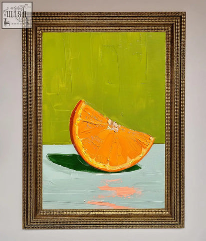 A vibrant orange wedge framed print with bold textured strokes on lime green in an ornate gold frame