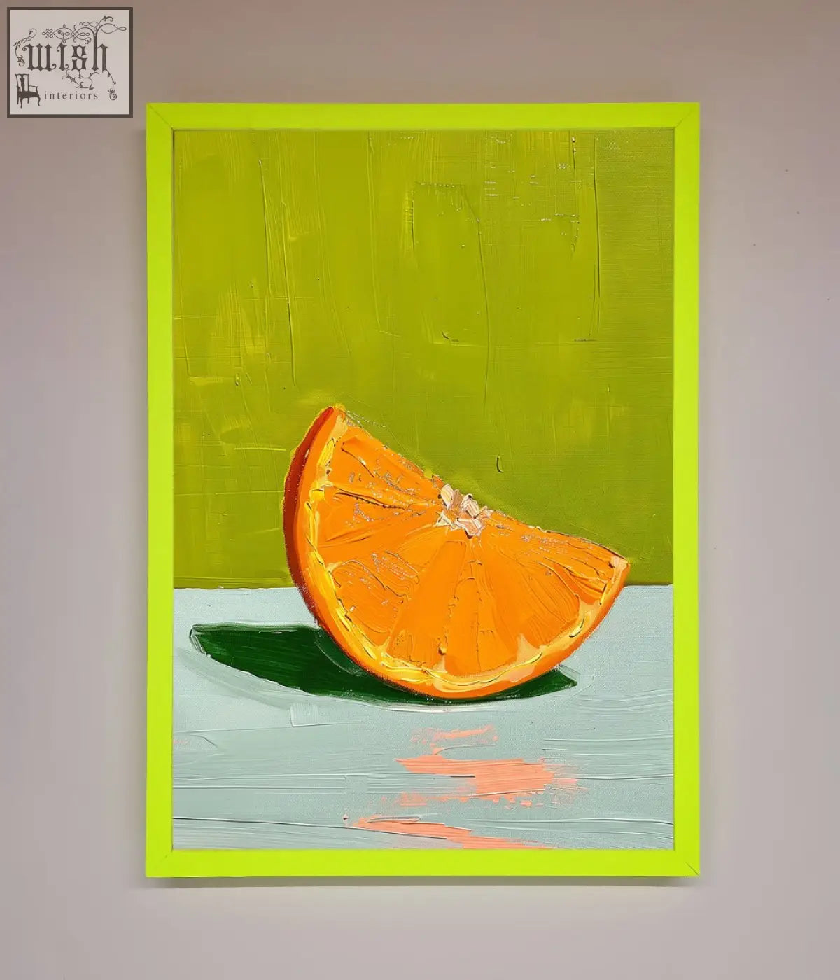 A vibrant lime-green orange wedge framed print with a bold textured orange slice and matching green background