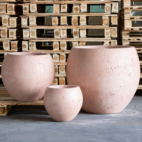 Three blushstone concrete sphere planters in blush pink on wooden pallets perfect for small ferns plant pots
