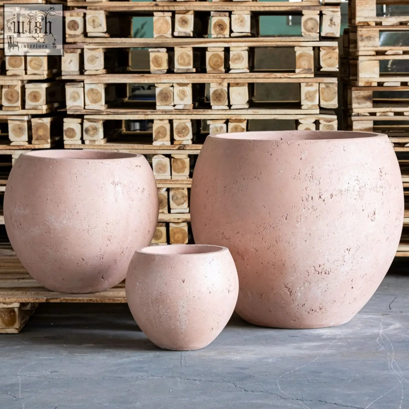Three blush pink textured orbello 35cm planter concrete spheres on wooden pallets perfect for outdoor plants