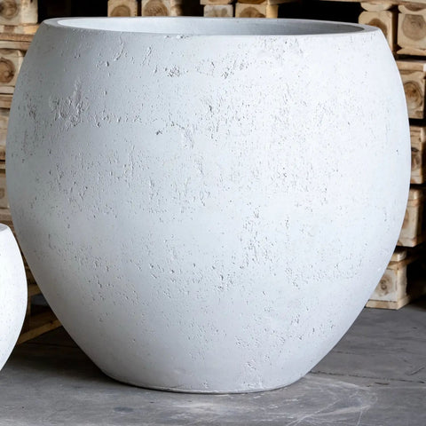 White mist orbello sphere planter made of textured concrete in a rounded bowl shape plant pot 22cm 3l capacity