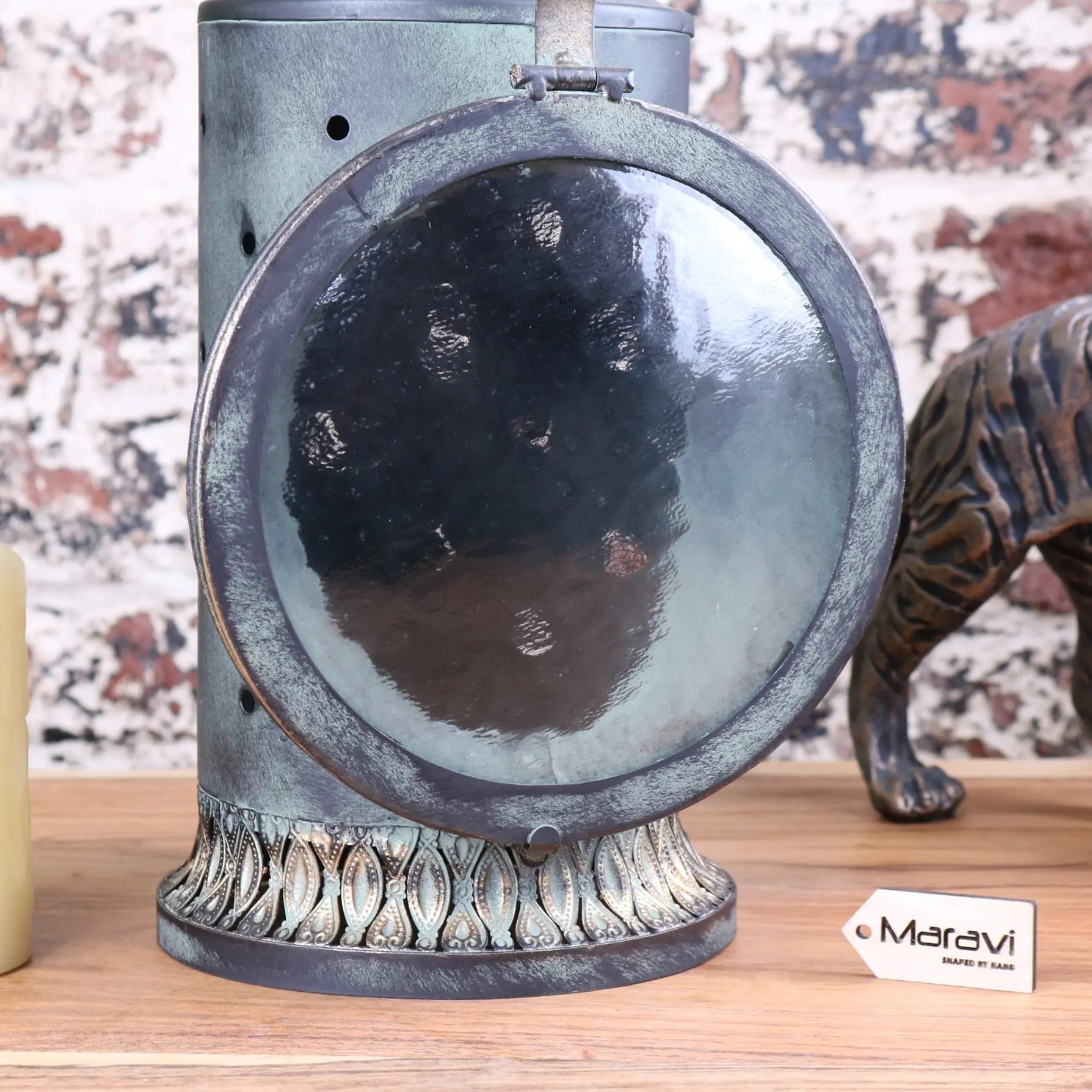Antique metal railway lantern with distressed silver finish and ornate leaf base in orchha vintage style design