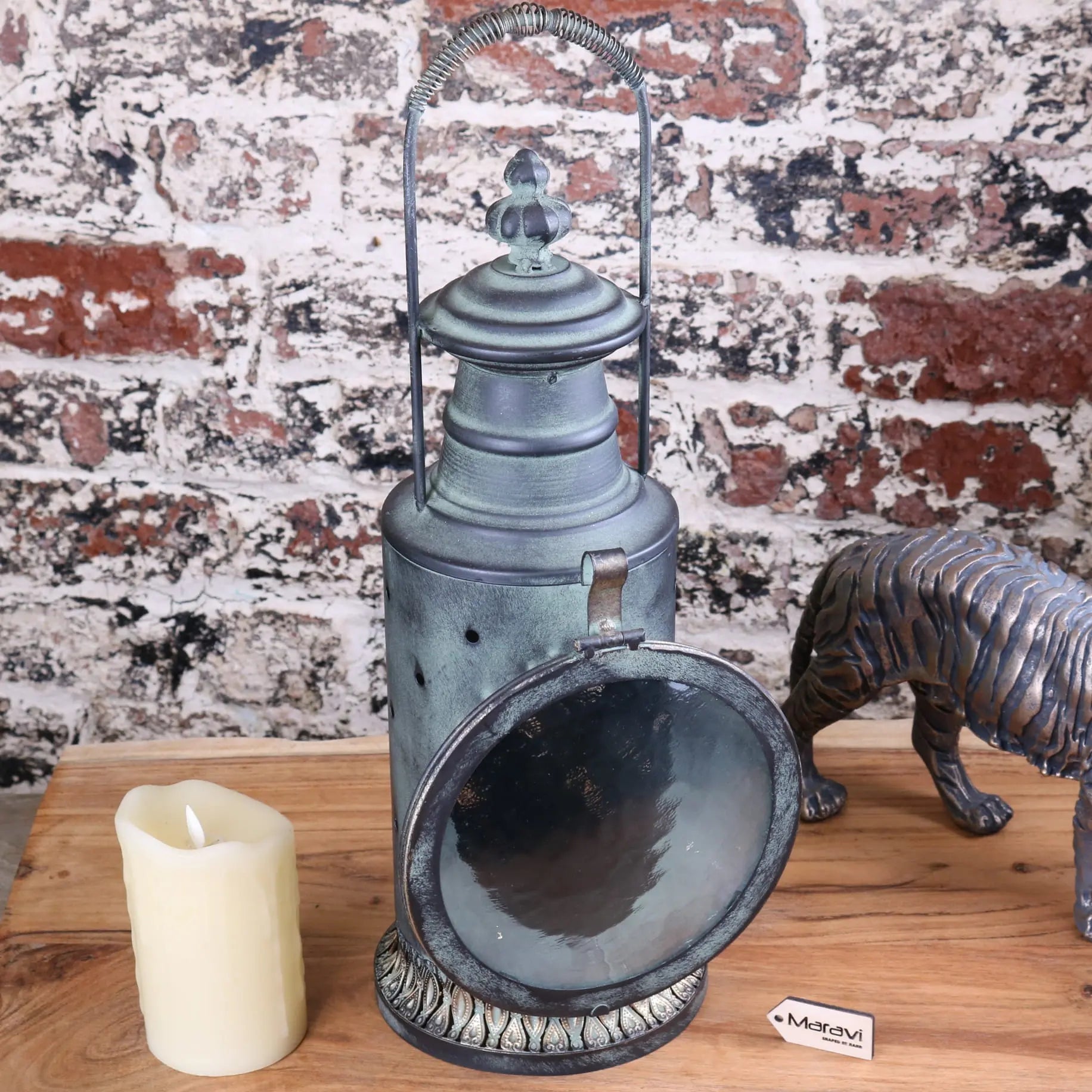 Antique metal orchha vintage style railway lantern with weathered gray finish ornate base handle and clear glass panel