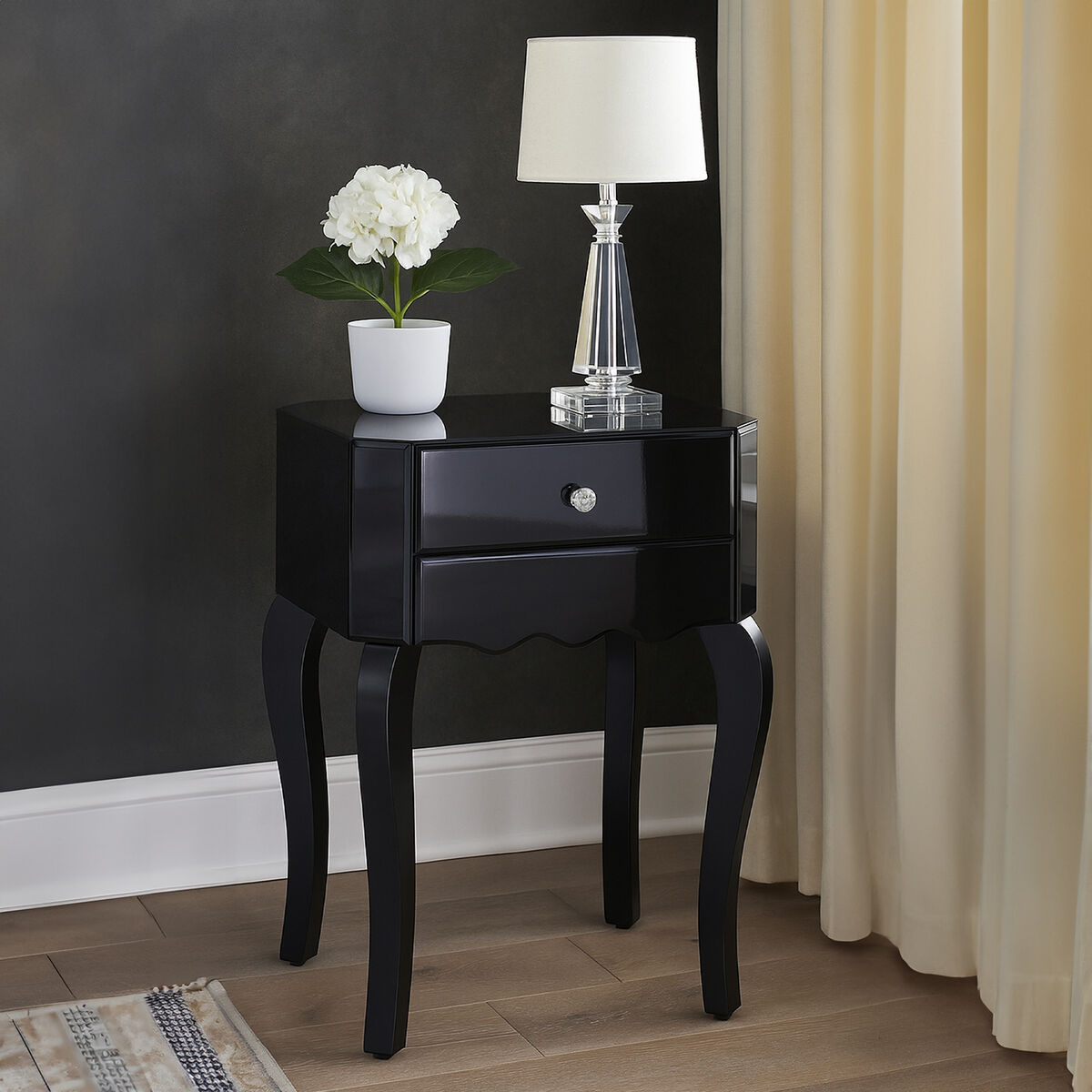 Orchid 1 drawer black mirrored glass side table with curved legs and crystal knob single drawer nightstand