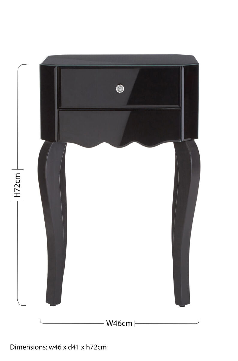 Orchid 1 drawer black mirrored glass side table with curved legs and a single drawer with silver knob