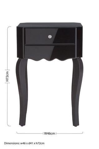 Orchid 1 drawer black mirrored glass side table with curved legs and a single drawer with silver knob
