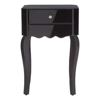 Black glossy nightstand with two drawers and curved legs featuring black mirrored glass for a sleek look
