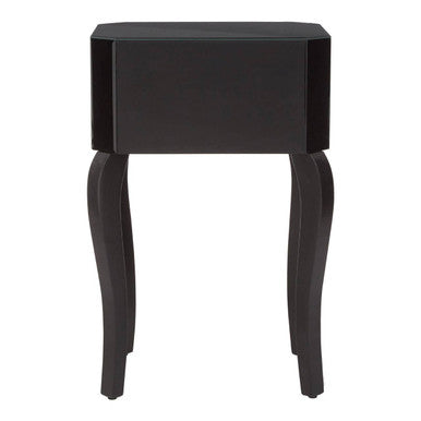 Black mirrored glass orchid side table with one drawer and glossy curved legs perfect as a nightstand