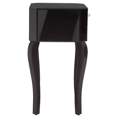 Orchid 1 drawer black mirrored glass side table with black glossy finish and curved legs for stylish storage