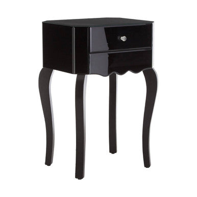 Orchid 1 drawer black mirrored glass side table with glossy finish curved legs and silver knob drawer