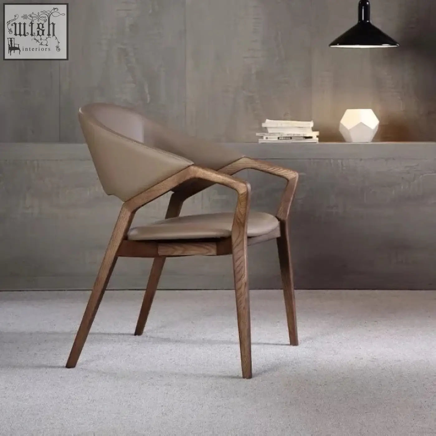 Modern orego chair with beige upholstered seat and backrest and dark wooden frame from nīsu home