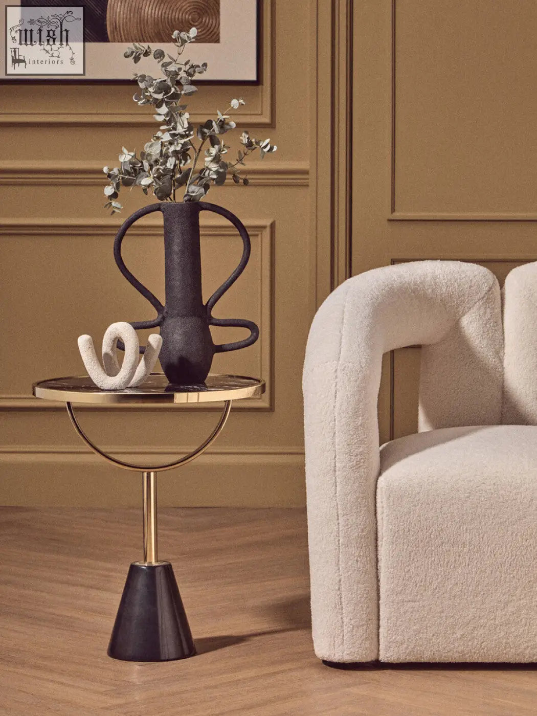 Black ceramic vase with abstract curves on oria black glass and marble base side table with matte finish