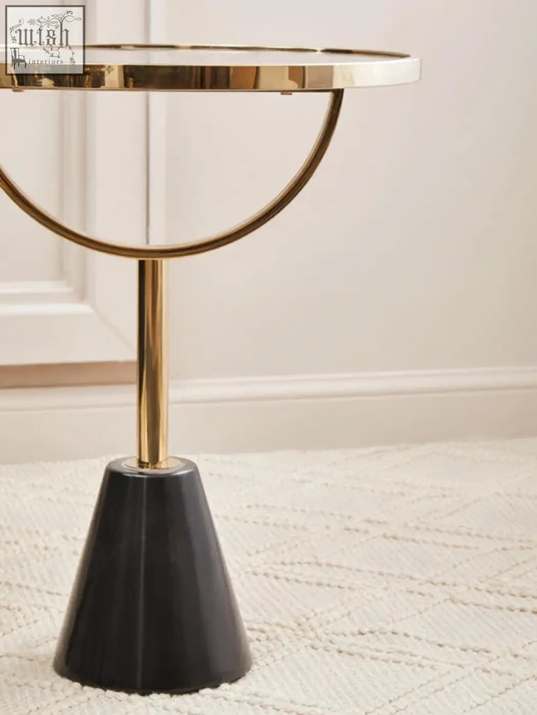 Oria black glass side table with gold-toned circular top and sleek black conical marble base