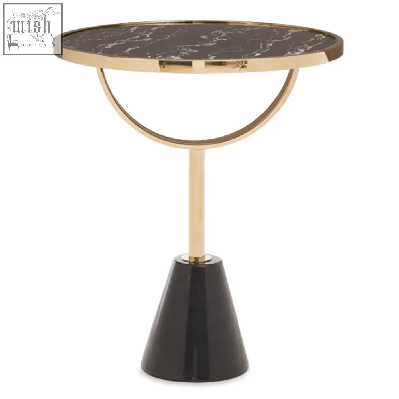 Gold-toned oria black glass side table with a black marble base and sleek conical design for stylish living spaces