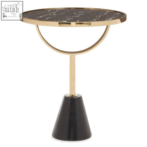 Gold-toned oria black glass side table with a black marble base and sleek conical design for stylish living spaces