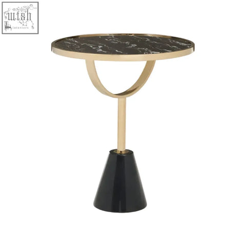 Oria black glass side table with black marble base and sleek gold metal frame perfect for modern spaces
