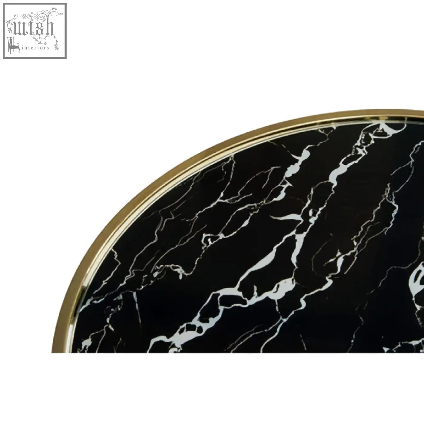 Oria black glass side table featuring a black marble base with white veining and a gold frame