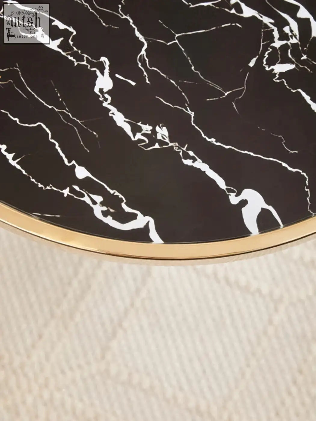 Black and white marble-top coffee table with gold edge featuring oria black glass and marble base side table design