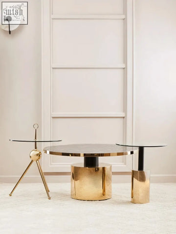 Orias black marble effect gold base coffee table with a gold cylindrical frame and black marble effect glass top