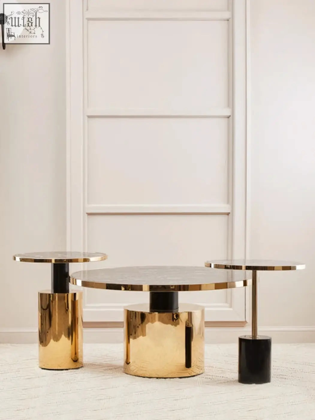 Oria black marble effect gold base coffee table with gold finished cylindrical side tables topped with black marble effect