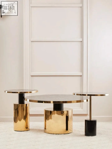 Oria black marble effect gold base coffee table with gold finished cylindrical side tables topped with black marble effect