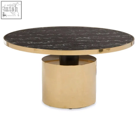Oria black marble coffee table with black marble effect gold cylindrical base and round veined black marble top
