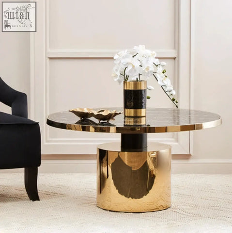 Oria black marble round coffee table with black marble effect gold base and polished marble top perfect for living rooms