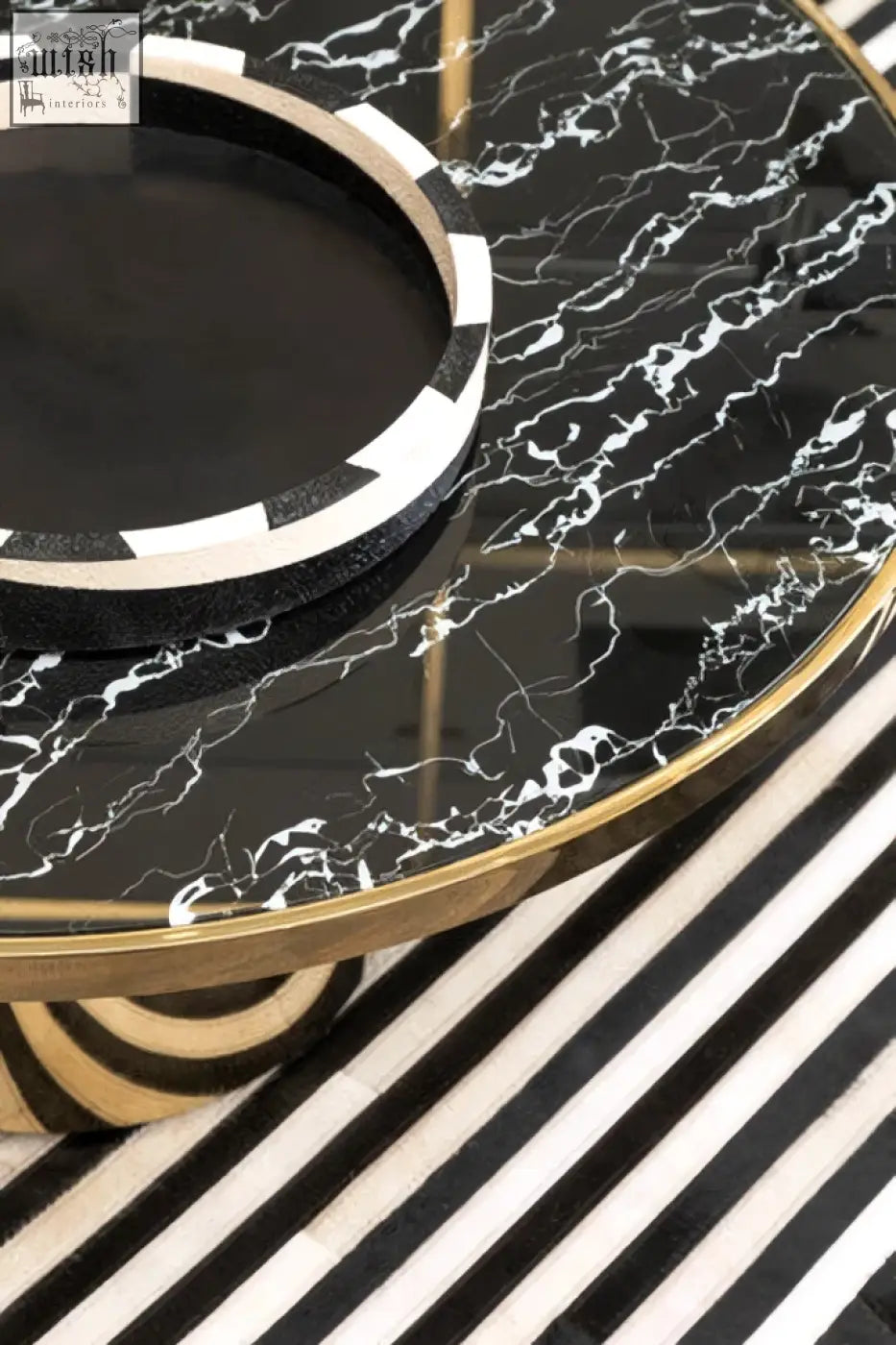 Oria black marble coffee table with black marble effect top and marble effect gold metal base for stylish living rooms