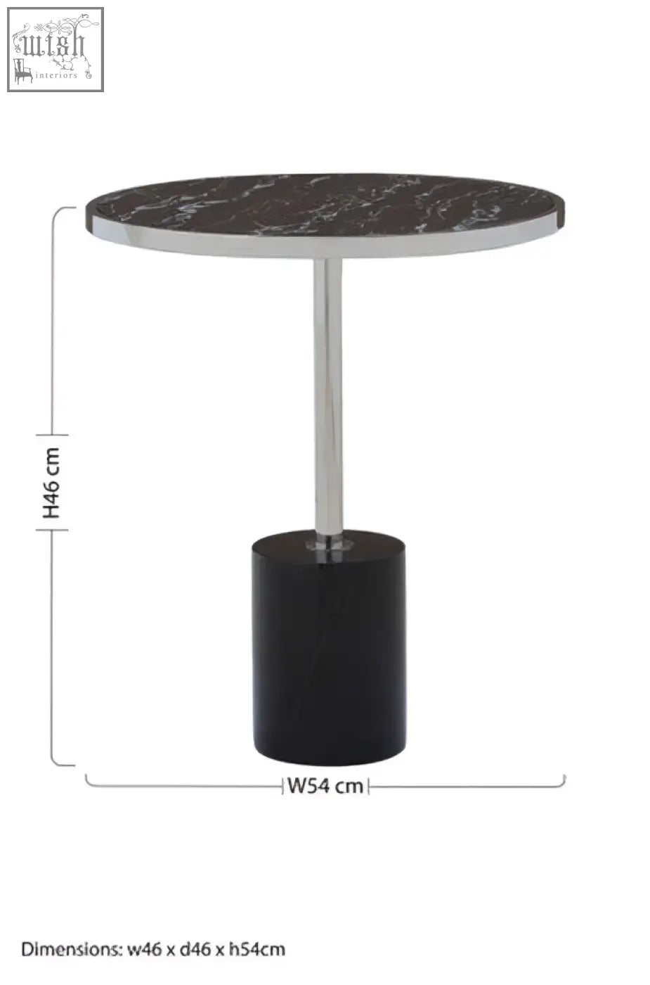 Oria black marble end table with black marble top, sleek chrome stainless steel pedestal, and cylindrical black base