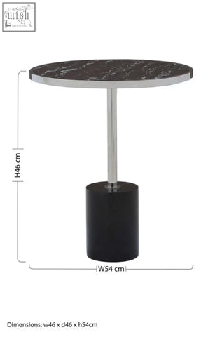 Oria black marble end table with black marble top, sleek chrome stainless steel pedestal, and cylindrical black base