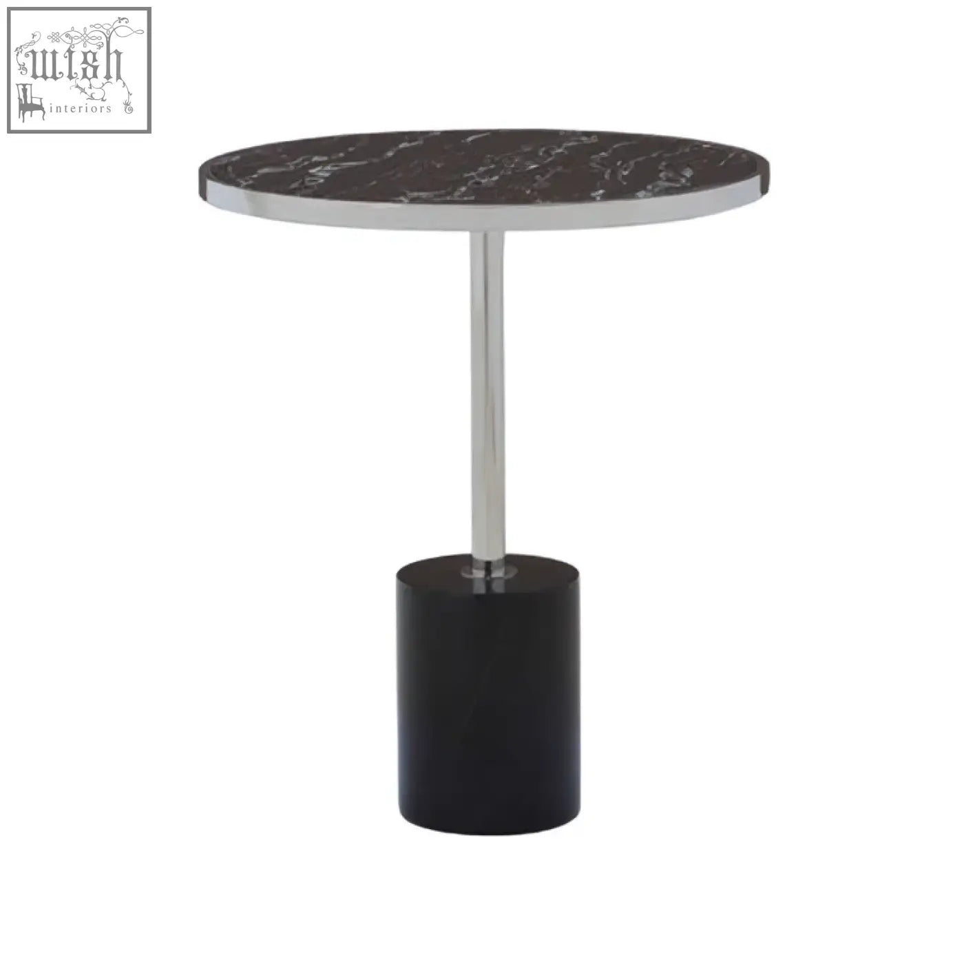 Oria black marble end table with black marble top, sleek stainless steel pedestal, and matte black cylindrical base