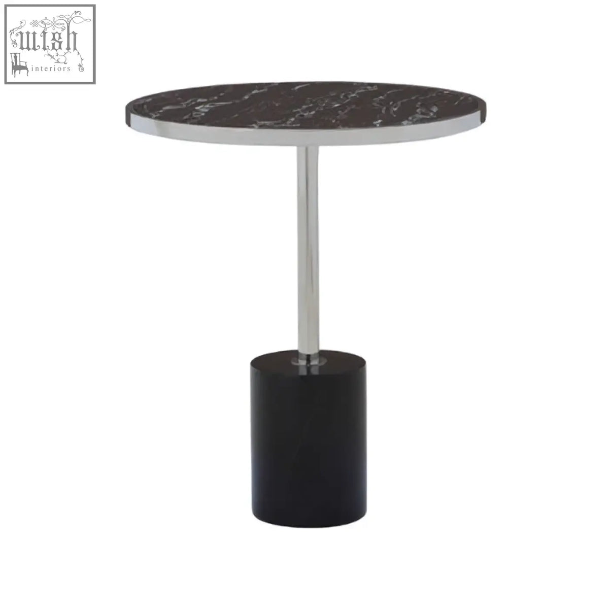 Oria black marble end table with black marble top, sleek stainless steel pedestal, and matte black cylindrical base