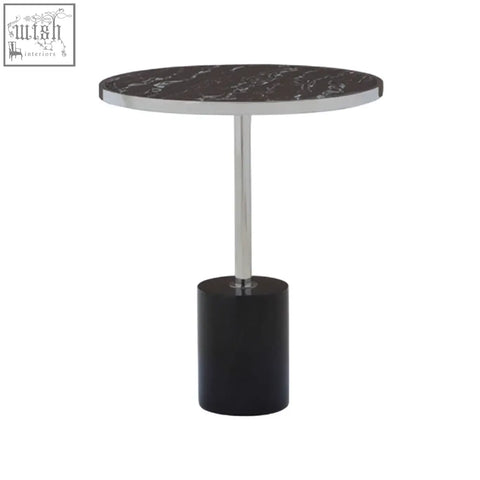 Oria black marble end table with black marble top, sleek stainless steel pedestal, and matte black cylindrical base