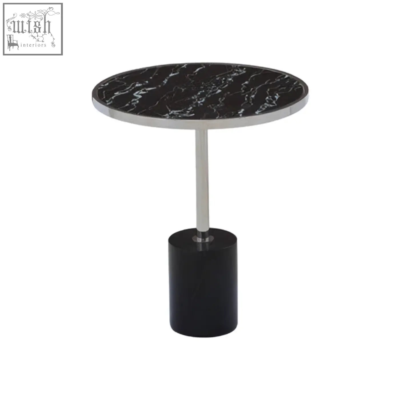 Oria black marble end table with sleek black marble top, cylindrical base, and stainless steel frame for stylish use