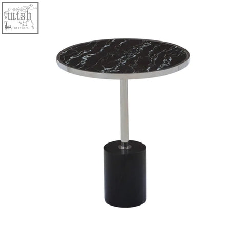 Oria black marble end table with sleek black marble top, cylindrical base, and stainless steel frame for stylish use