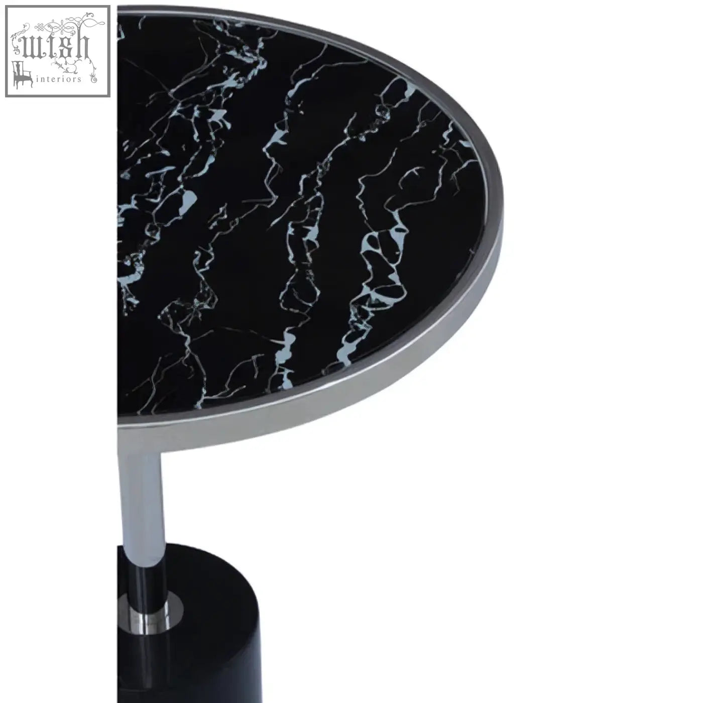 Oria black marble end table with sleek black marble top and stainless steel frame perfect for modern living spaces