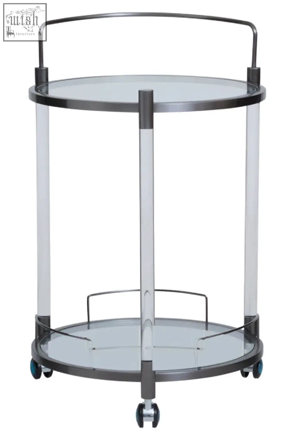 Modern chrome finished oria round 2 tier drinks trolley with clear acrylic legs glass shelves and caster wheels