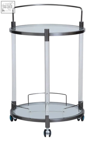 Modern chrome finished oria round 2 tier drinks trolley with clear acrylic legs glass shelves and caster wheels