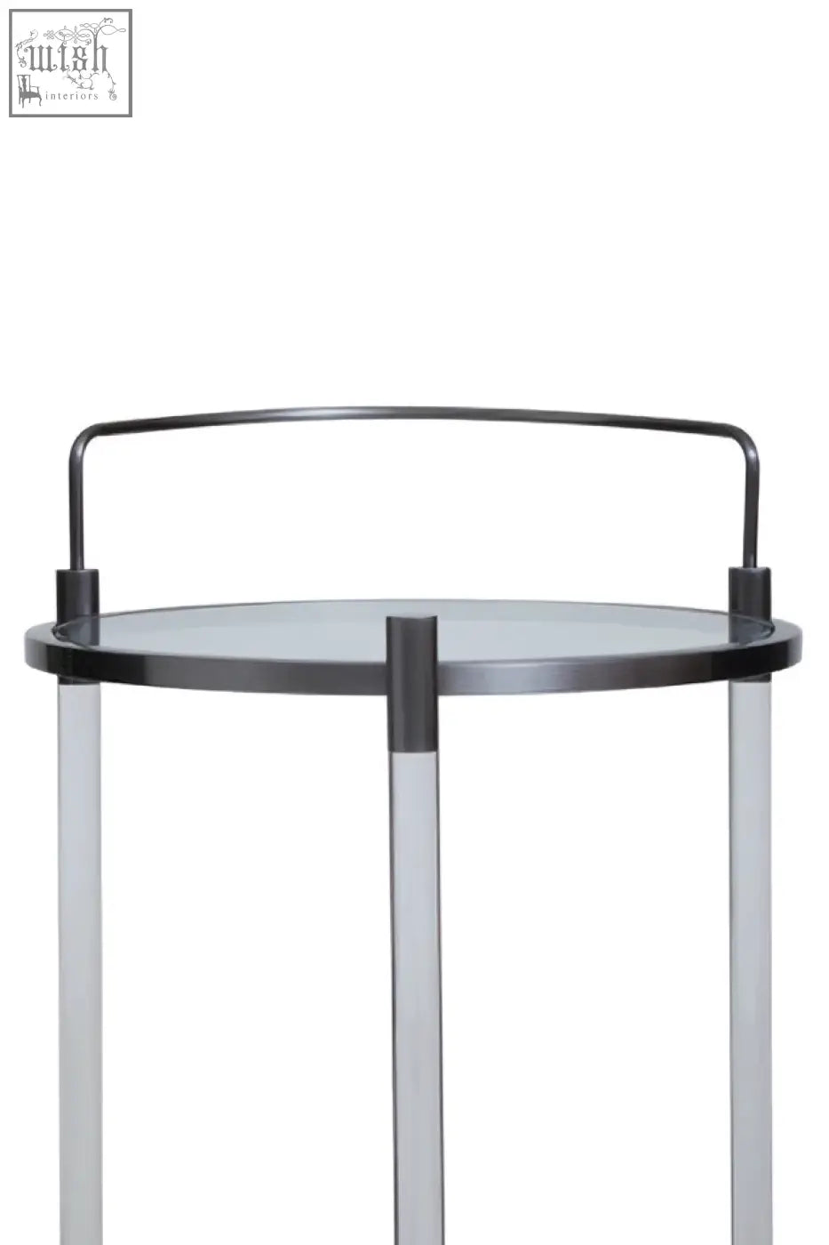 Oria round 2 tier drinks trolley with sleek black glass top and transparent acrylic legs for stylish tier drinks storage