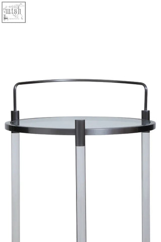 Oria round 2 tier drinks trolley with sleek black glass top and transparent acrylic legs for stylish tier drinks storage