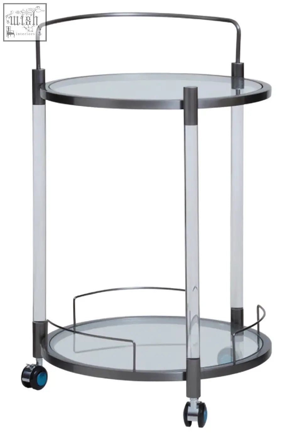 Modern oria round 2 tier drinks trolley with clear acrylic legs glass shelves and chrome frame for stylish tier drinks use