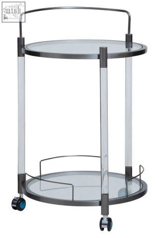 Modern oria round 2 tier drinks trolley with clear acrylic legs glass shelves and chrome frame for stylish tier drinks use