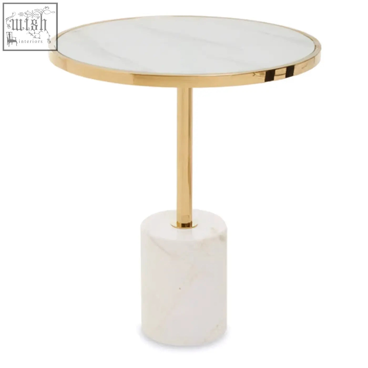 Oria white marble end table with white marble top and base and gold-toned stainless steel pedestal base