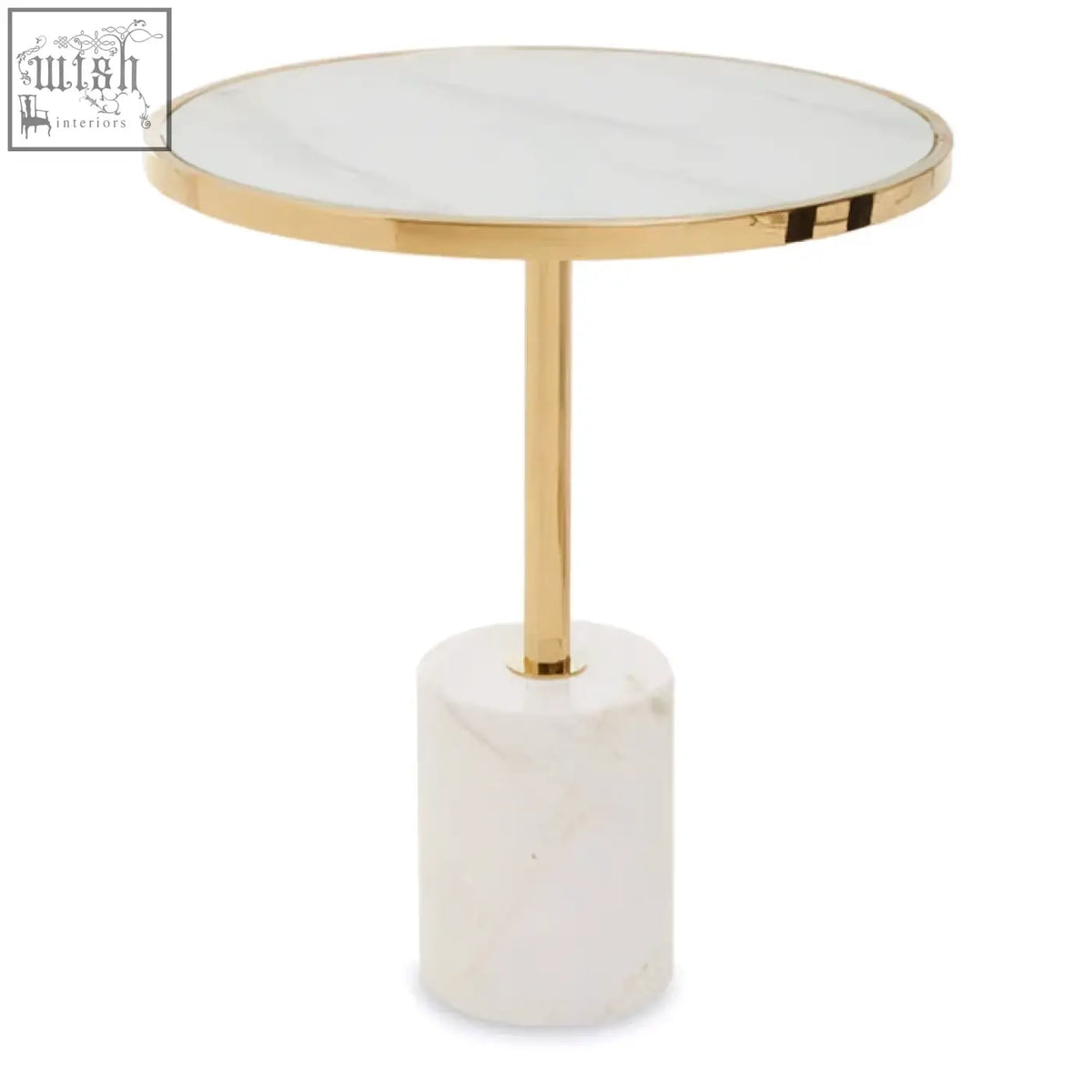 Oria white marble end table with white marble top and base and gold-toned stainless steel pedestal base