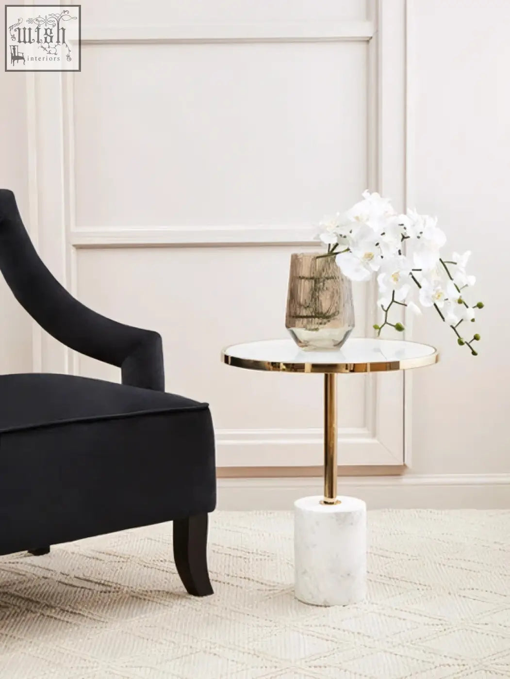 Oria white marble end table gold-finished round side table with white marble base and mirrored top