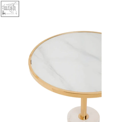 Oria white marble end table with gold stainless steel frame and round white marble top and base
