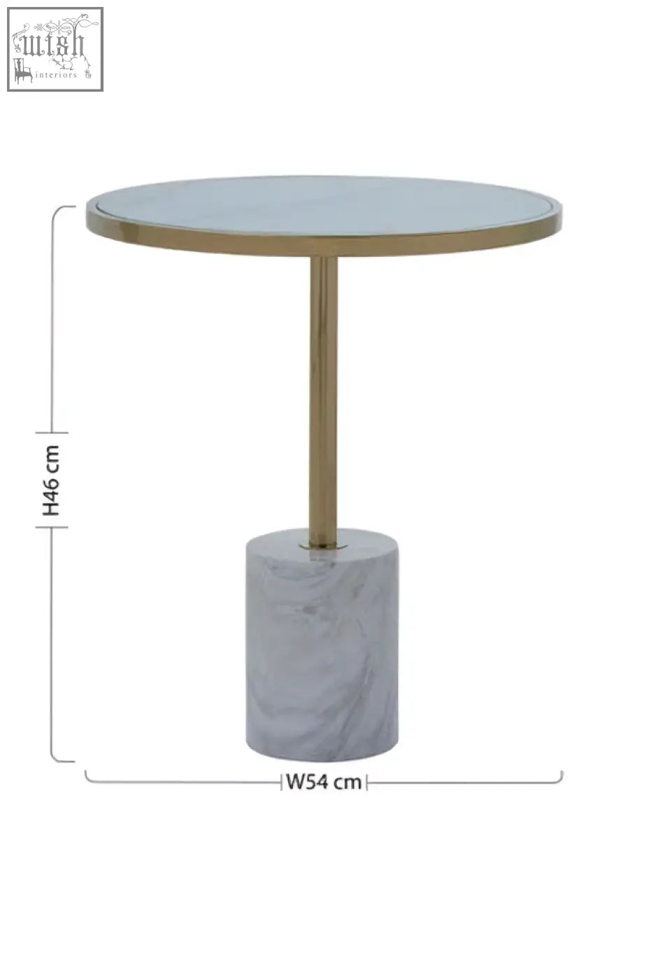 Oria white marble end table with a gold-toned stainless steel cylindrical frame, round glass top, and white marble base