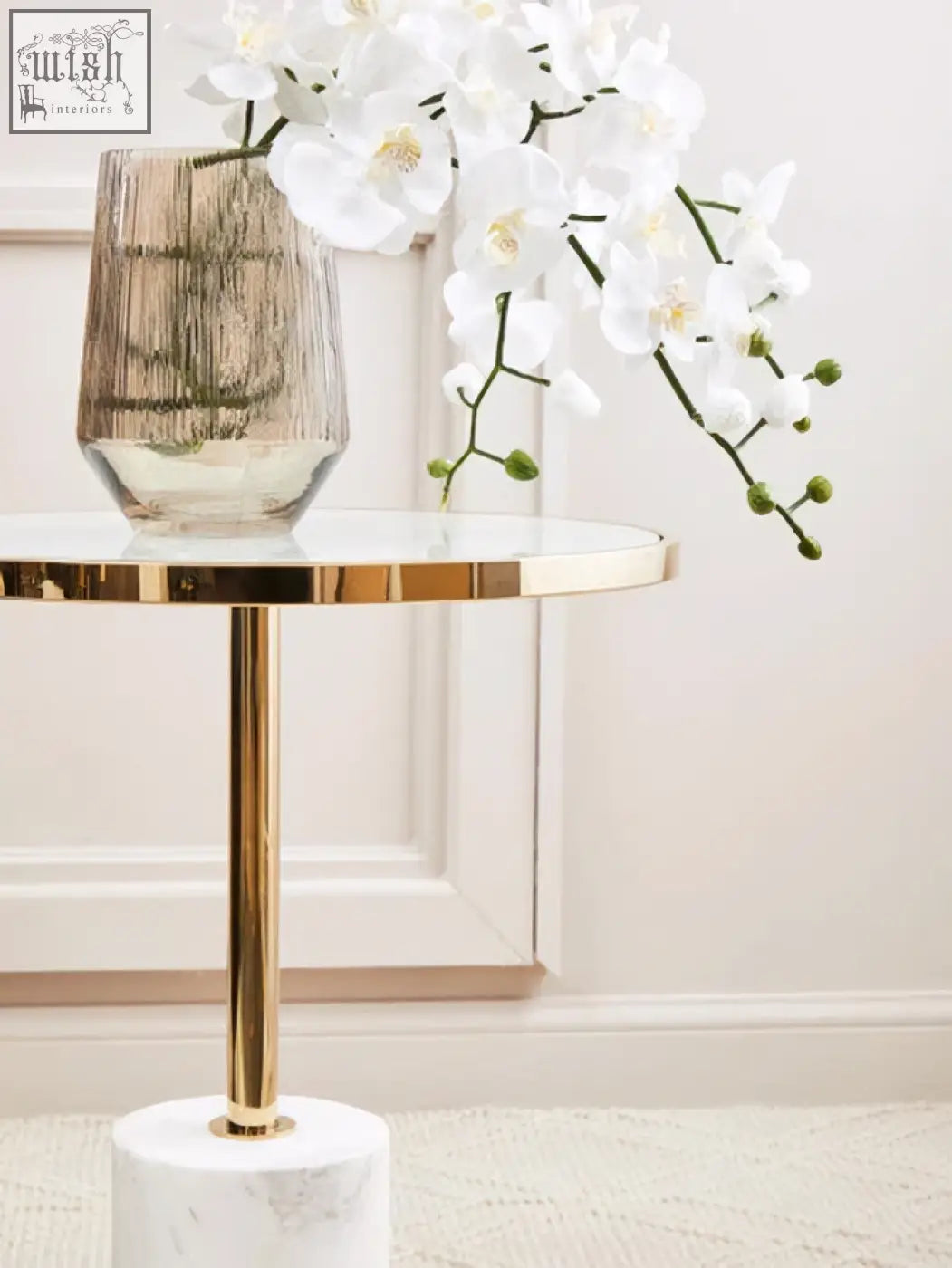 Oria white marble end table with sleek glass top edged in gold and polished brass leg on white marble base