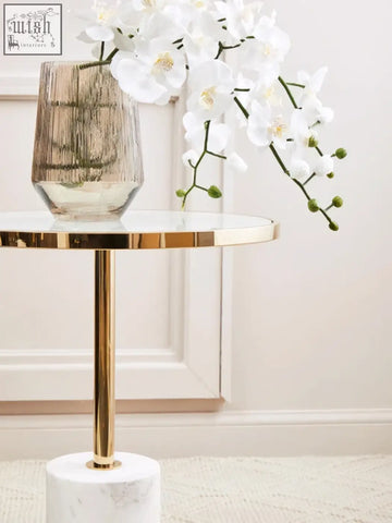Oria white marble end table with sleek glass top edged in gold and polished brass leg on white marble base